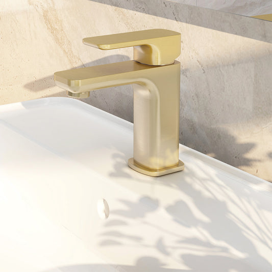 Flite small basin mixer in Brushed Brass with universal clicker waste