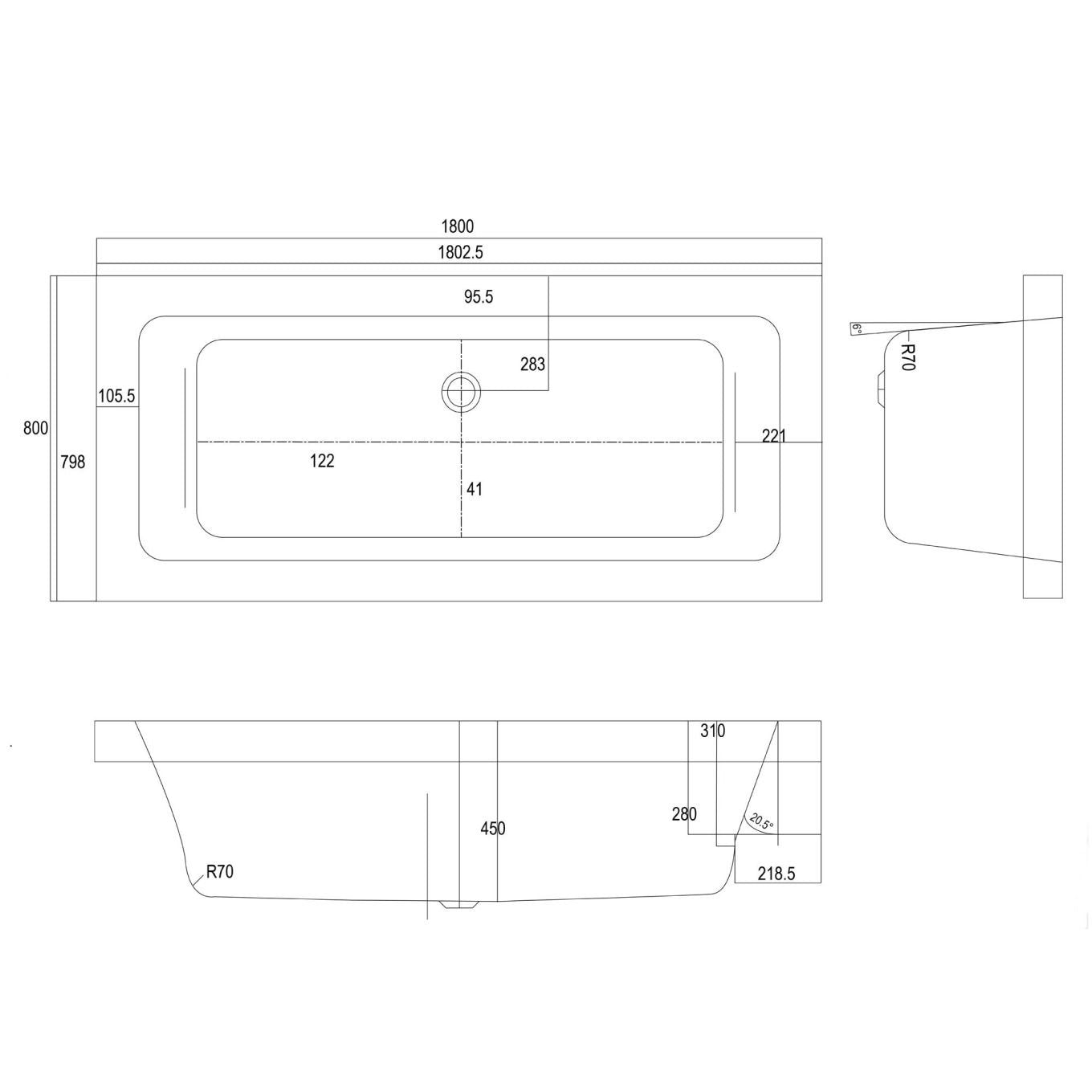 Ardite Double Ended Reinforced Acrylic Bath 1800x800mm