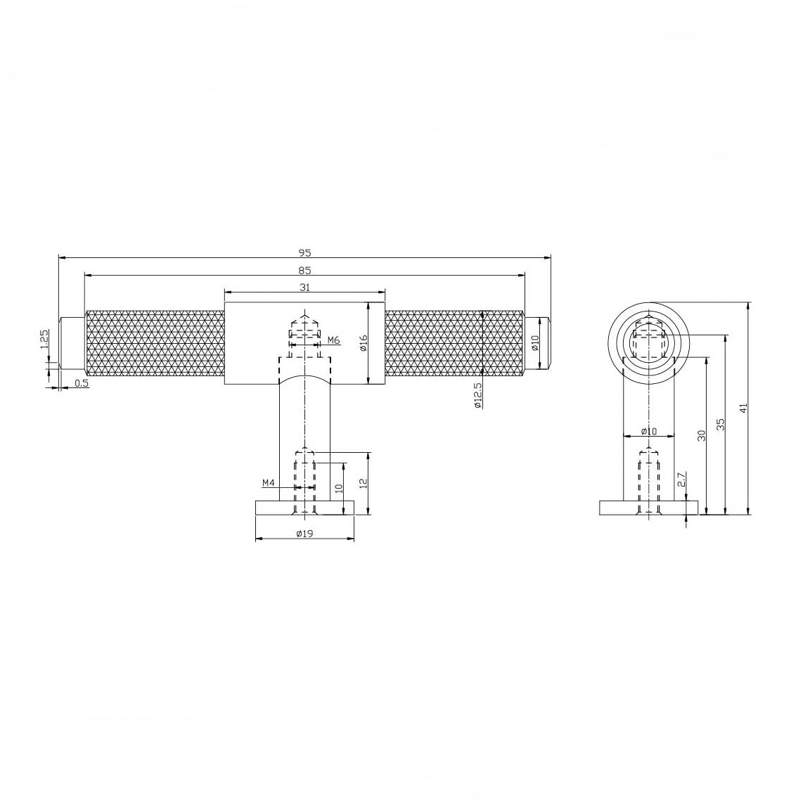 Knurled T Bar 95mm Handle Brushed Brass