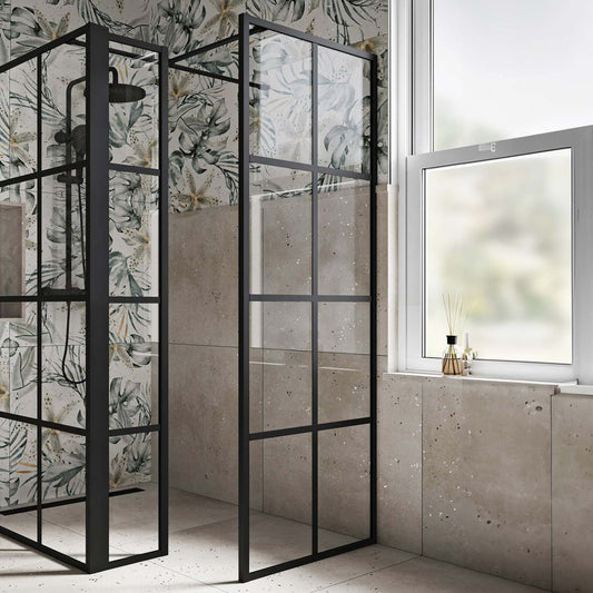 Amien Matt Black Grid Framed Shower Screen End Panel 680mm