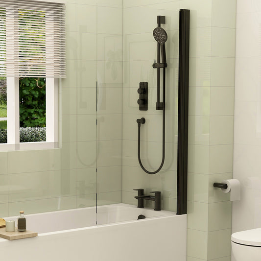 Universal handleless straight shower screen in matt black