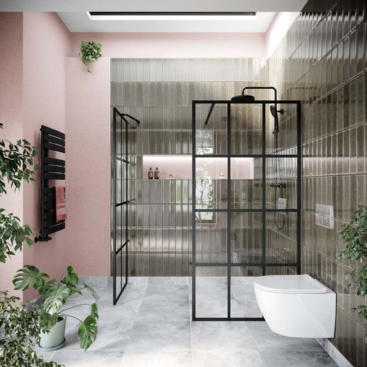 Amien Matt Black Grid Framed Shower Screen 980mm