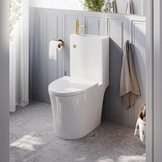 Anix Close Coupled Rimless 2-in-1 Combination Toilet & Basin with Gold Push Button
