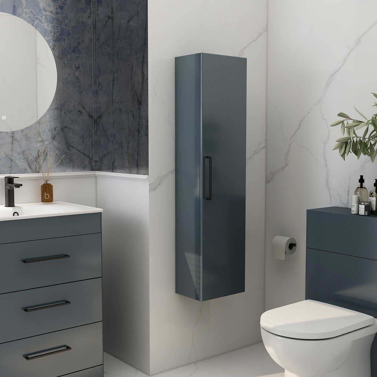 Single door wall storage unit in steel blue