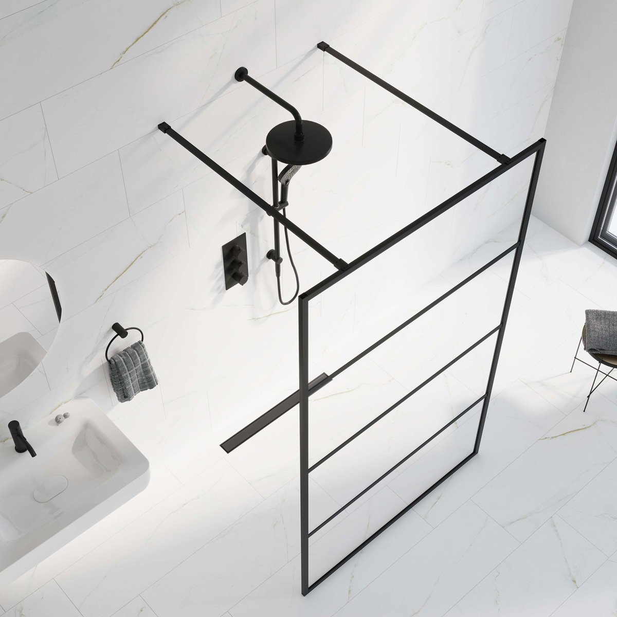 Amien Matt Black Horizontal Framed Shower Screen 1080mm