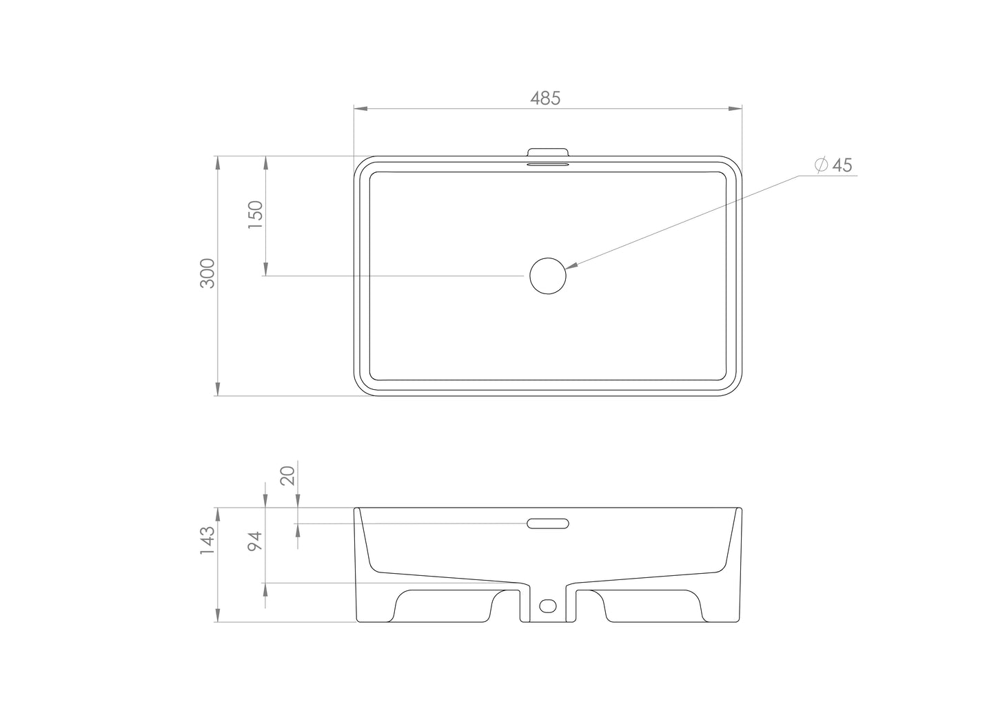 Saneux SIENNA 48x31.5cm rectangular countertop washbasin