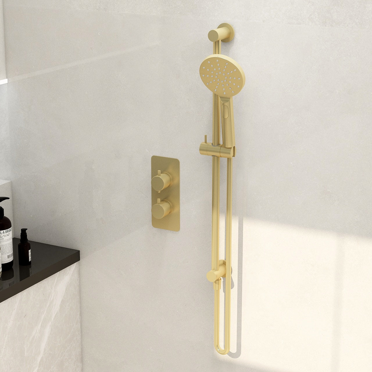 Shower pack including round slide rail with integrated wall outlet elbow, Ravine multifunction handset and smooth hose in brushed brass