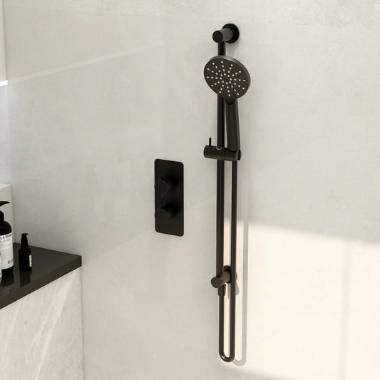 Shower pack including round slide rail with integrated wall outlet elbow, Ravine multifunction handset and smooth hose in matt black
