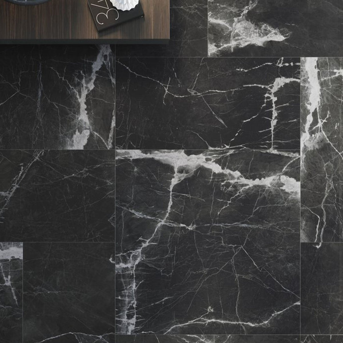 Glacier Black Marble Gloss Porcelain Tile 900x900mm
