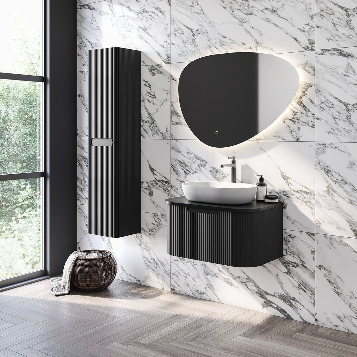 Soar Ribbed Black Wall Hung Vanity Unit and Black Worktop 750mm ...