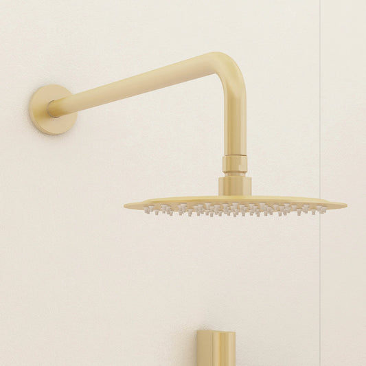 200mm stainless steel round slimline showerhead and design brass shower arm – Brushed Brass