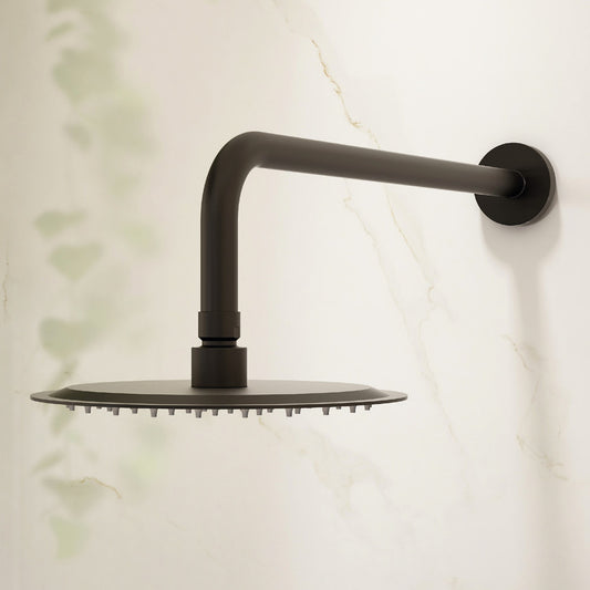 200mm stainless steel round slimline showerhead and design brass shower arm – Matt Black