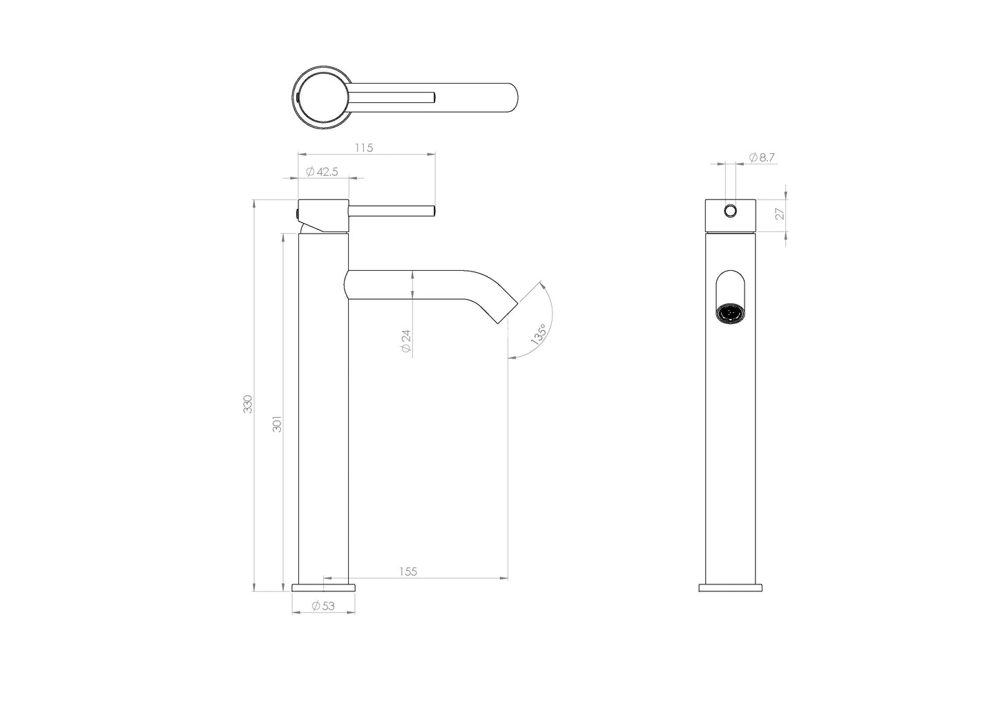 Saneux COS Tall Basin Mixer - Brushed Brass, Nickel, Chrome, Matte Black Options