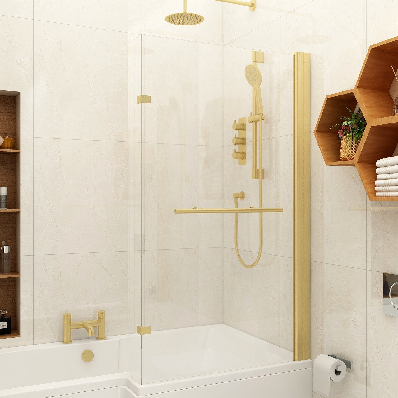 Imex Quadro Universal 6mm Shower Bath Screen with easyclean glass in brushed brass