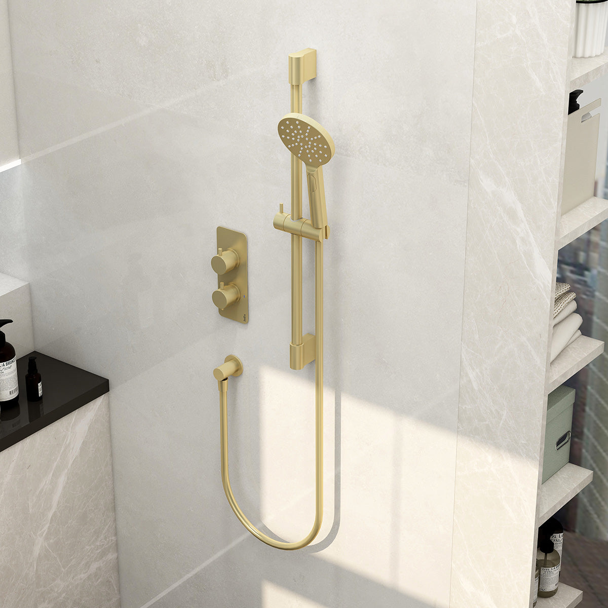 Ravine single outlet concealed thermostatic valve with adjustable multifunction handset in Brushed Brass