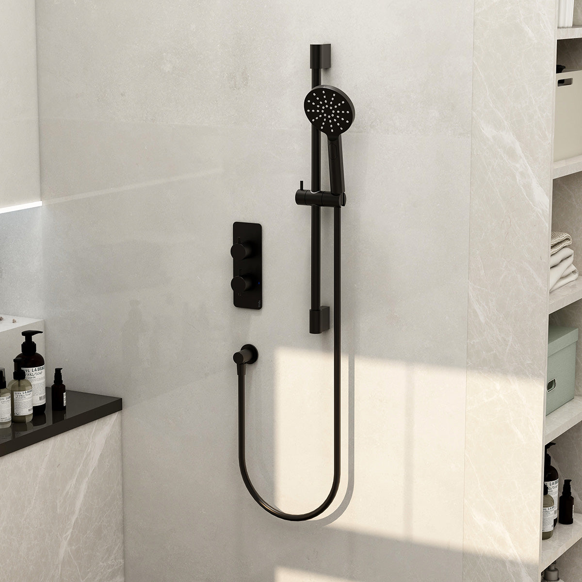 Ravine single outlet concealed thermostatic valve with adjustable multifunction handset in Matt Black