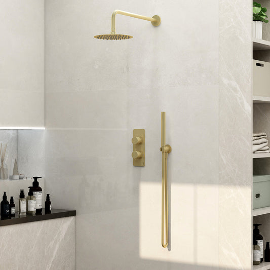 Ravine 2 handle, dual diverter concealed thermostatic valve with 200mm fixed head, pencil handset and smooth hose in Brushed Brass