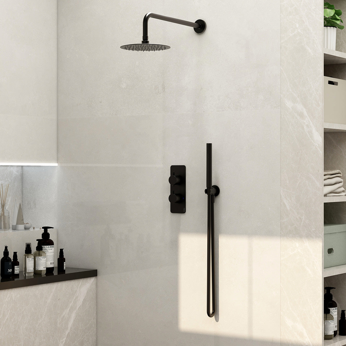 Ravine 2 handle, dual diverter concealed thermostatic valve with 200mm fixed head, pencil handset and smooth hose in Matt Black