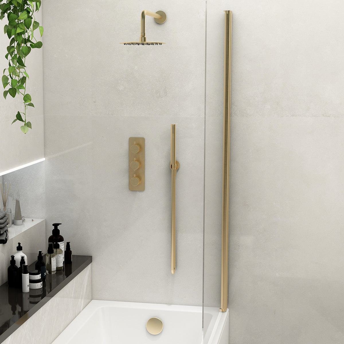 Ravine 3 handle, triple diverter concealed thermostatic valve with 200mm fixed head, pencil handset and smooth hose in Brushed Brass