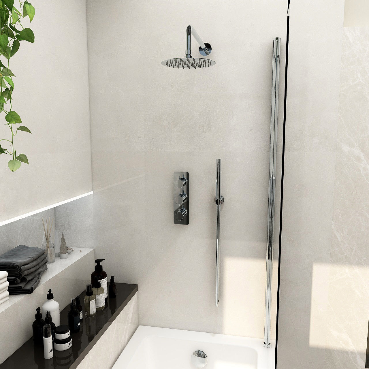 Ravine 3 handle, triple diverter concealed thermostatic valve with 200mm fixed head, pencil handset and smooth hose in Chrome