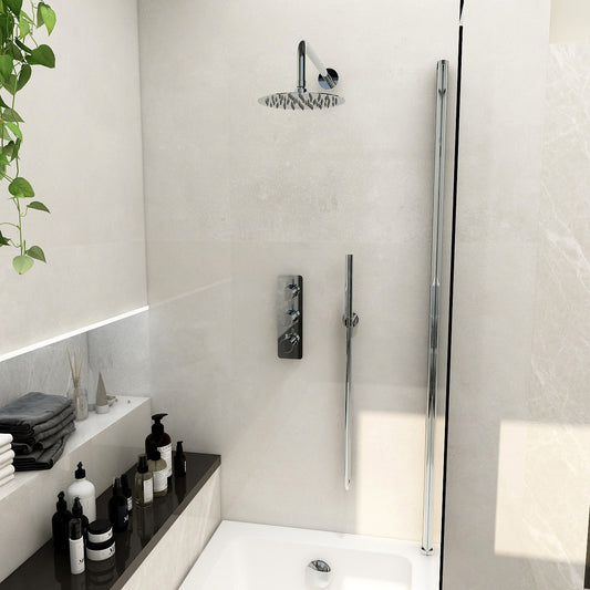 Ravine 3 handle, triple diverter concealed thermostatic valve with 200mm fixed head, pencil handset and smooth hose in Chrome