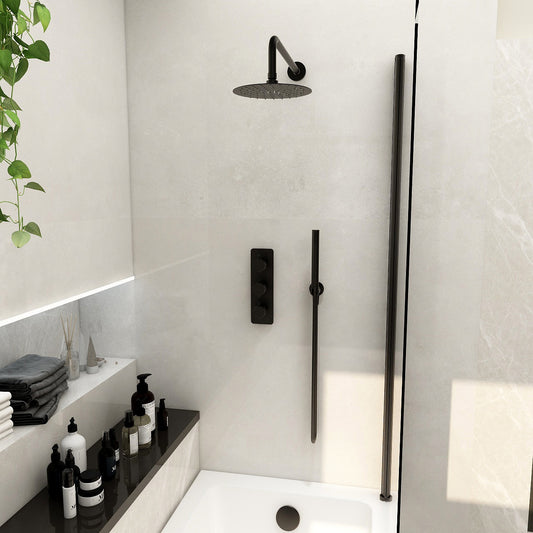 Ravine 3 handle, triple diverter concealed thermostatic valve with 200mm fixed head, pencil handset and smooth hose in Matt Black
