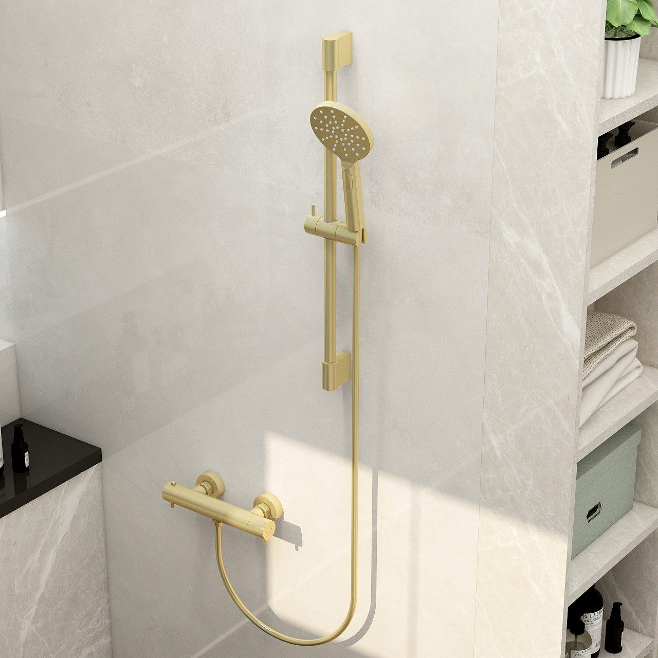 Ravine cool touch, easy fix, thermostatic shower set with slide rail, hose and multifunction handset in brushed brass