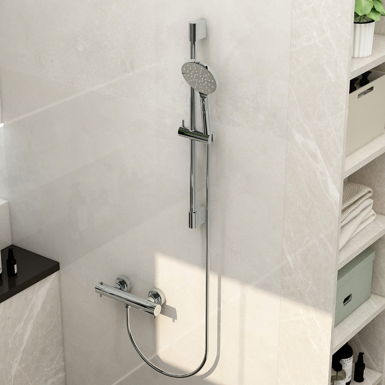 Ravine cool touch, easy fix, thermostatic shower set with slide rail, hose and multifunction handset in chrome