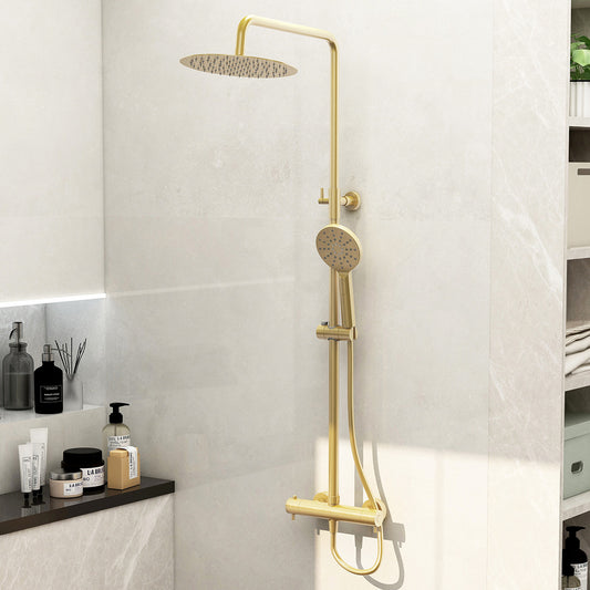 Ravine cool touch, easy fix, thermostatic shower set with fixed overhead shower and multifunction adjustable handset in brushed brass
