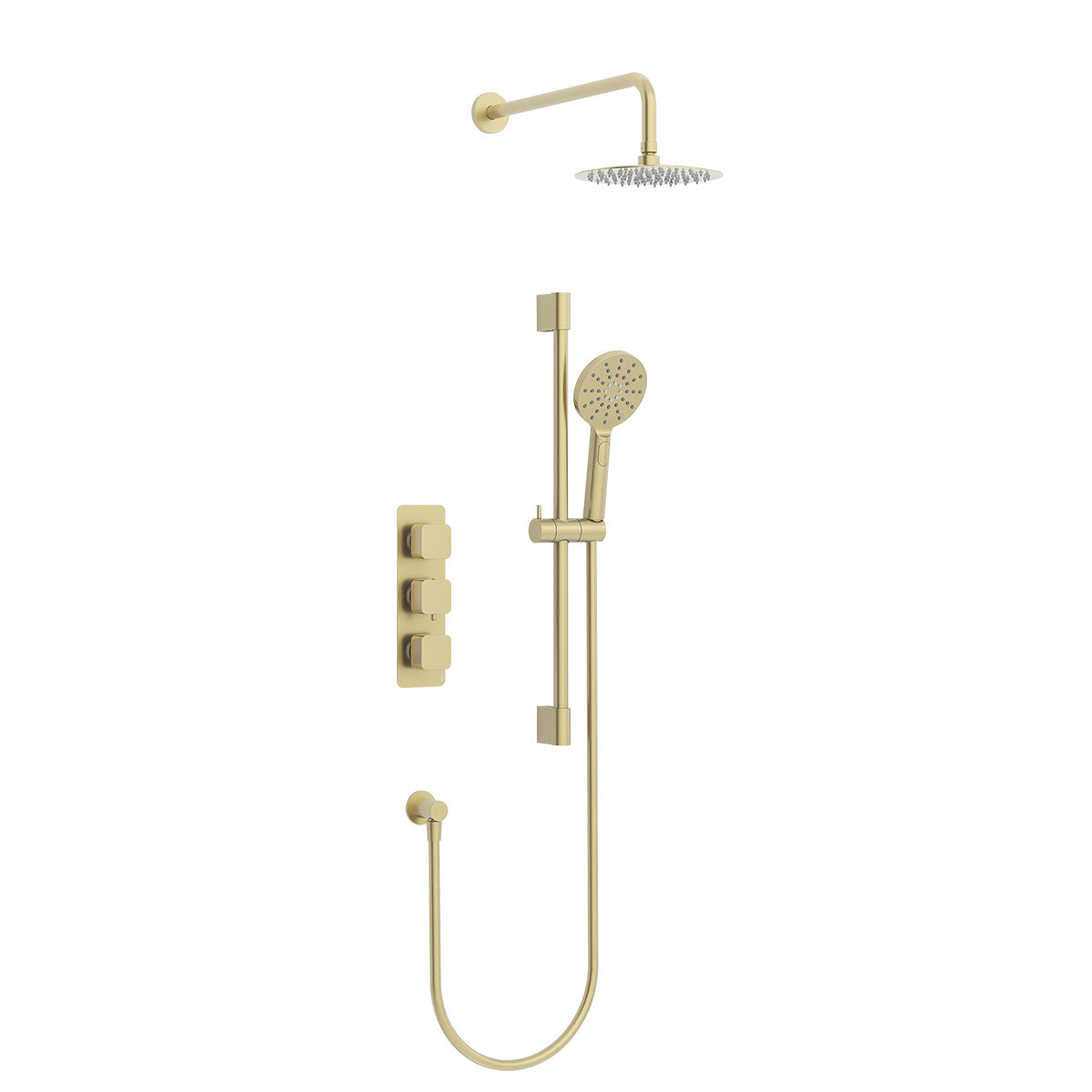 Quadro 3 handle dual diverter shower pack with round overhead shower, slide rail and multifunction round handset in Brushed Brass
