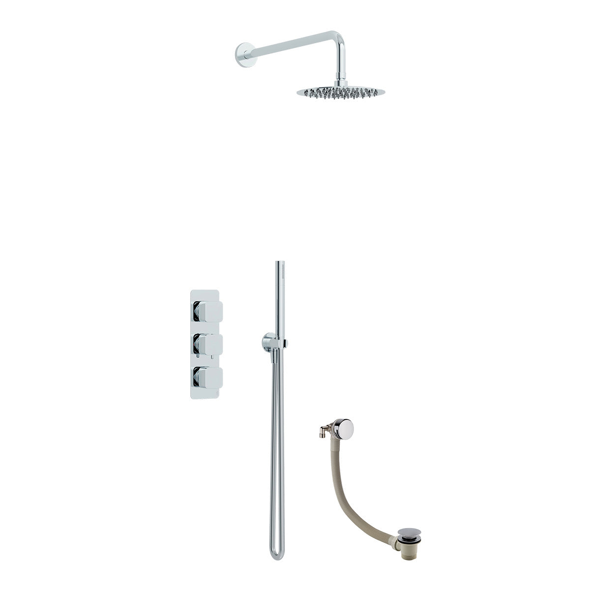Quadro 3 handle triple diverter shower pack with round shower head and handset in Chrome