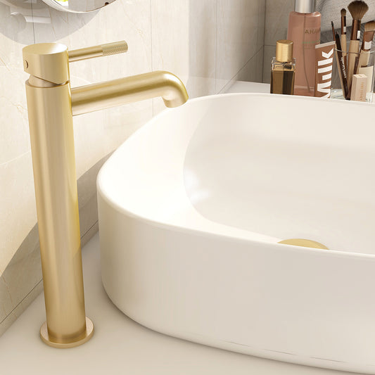 Ravine tall basin mixer in Brushed Brass with slotted clicker waste