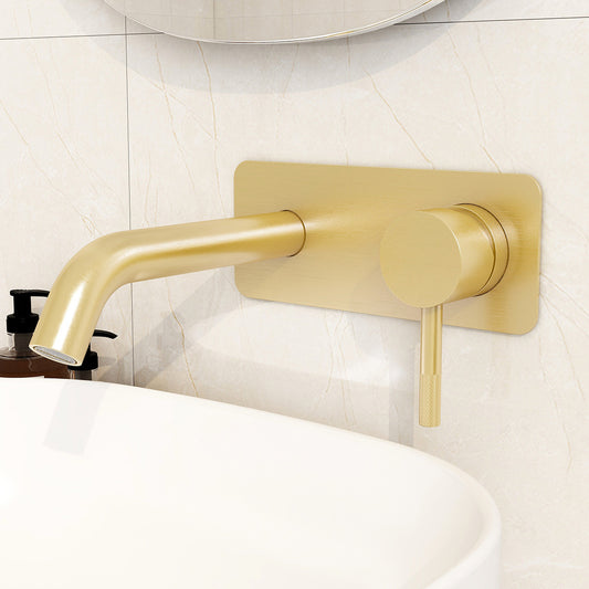 Ravine two hole wall mounted basin mixer in Brushed Brass with slotted clicker waste