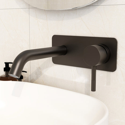 Ravine two hole wall mounted basin mixer in Matt Black with slotted clicker waste