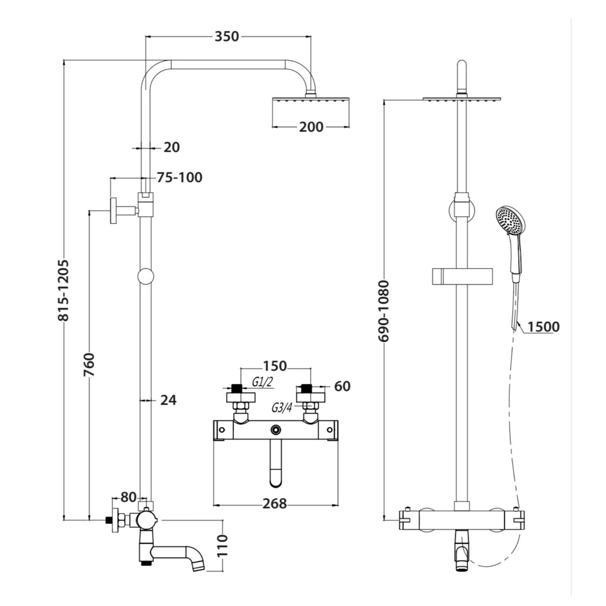 Solar Pipe Riser Solar Round Rigid Riser Shower With Bath Filler – Elegant Haven ...