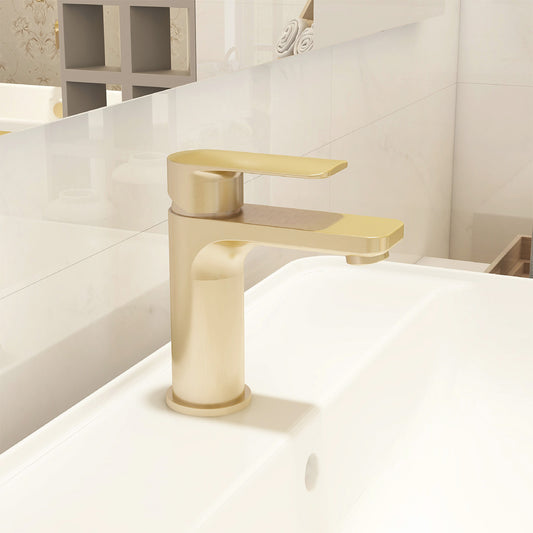 Suburb small basin mixer in Brushed Brass with universal waste