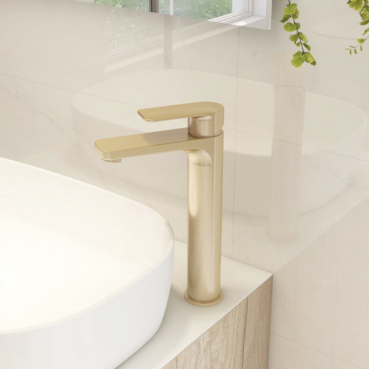 Suburb Tall basin mixer in Brushed Brass with universal waste