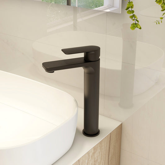 Suburb Tall basin mixer in Matt Black with universal waste
