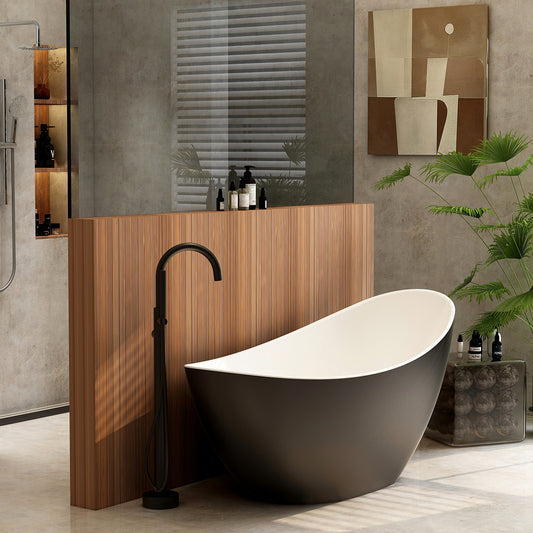 1600mm Arco slipper bath – freestanding bath with matt black exterior including white dome clicker bath waste