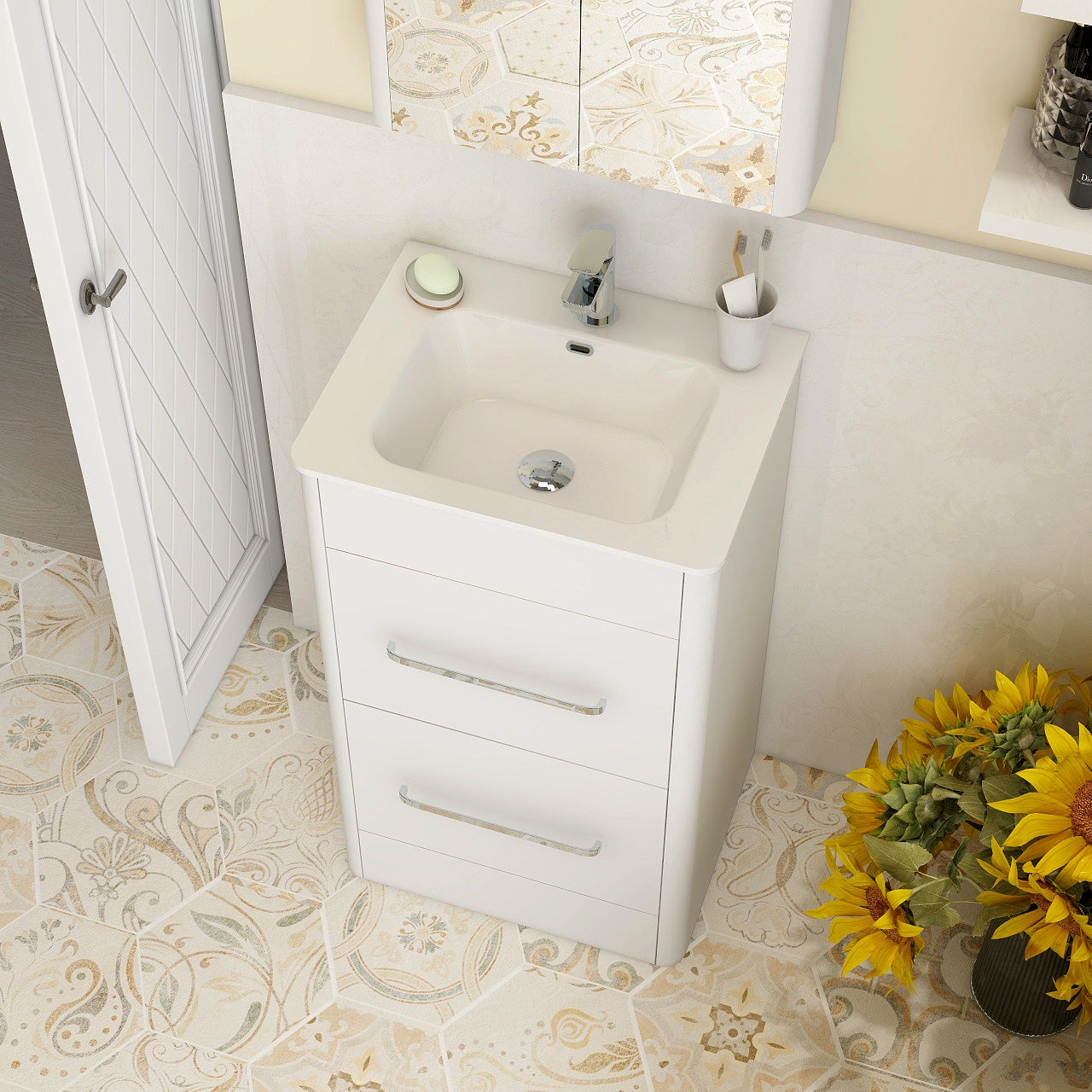 Suburb 500mm × 395mm double drawer floor mounted cabinet white gloss