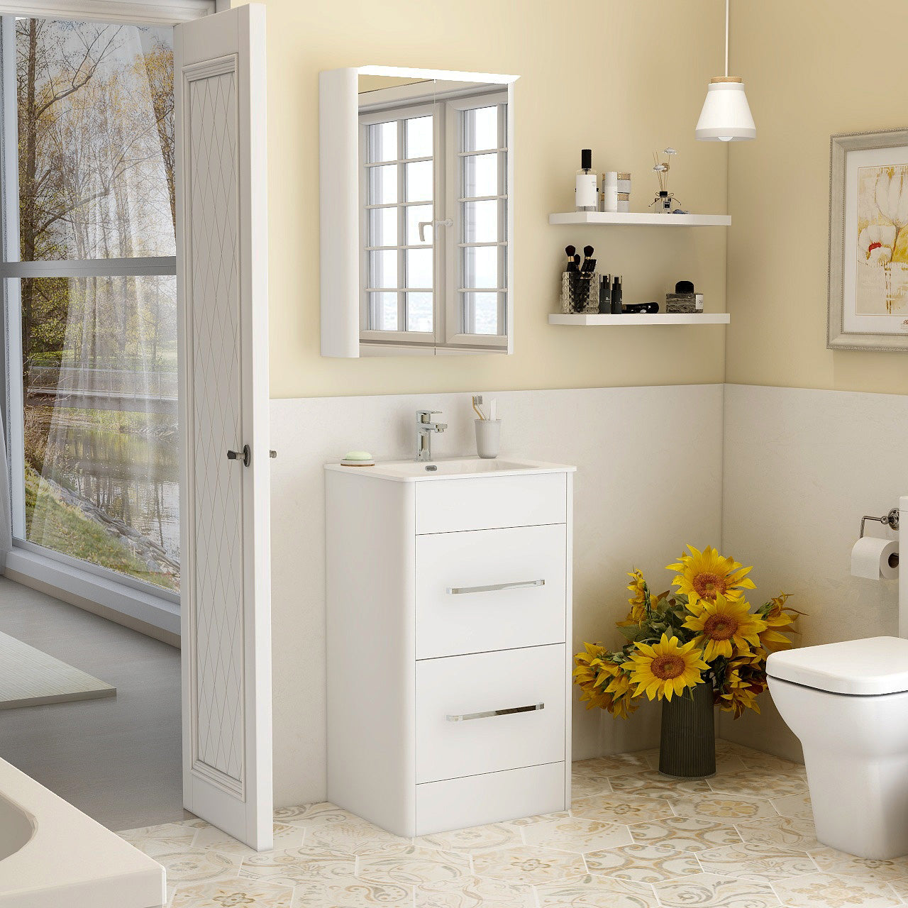 Suburb 500mm × 395mm double drawer floor mounted cabinet white gloss