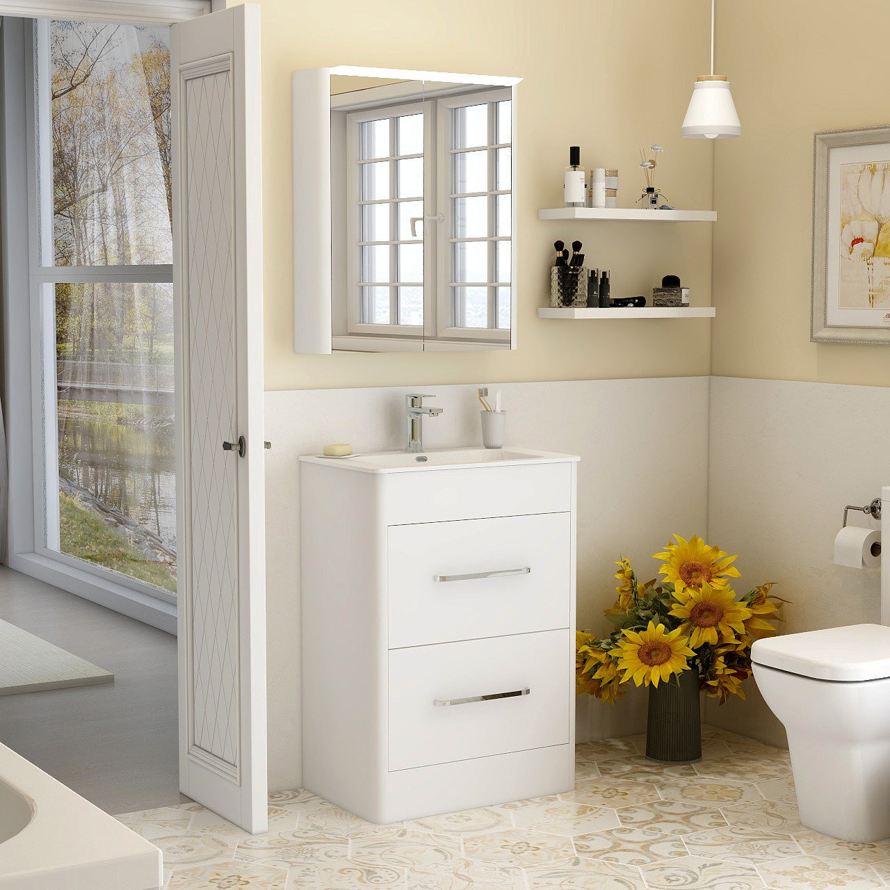 Suburb 600mm x 390mm double drawer floor mounted cabinet white gloss