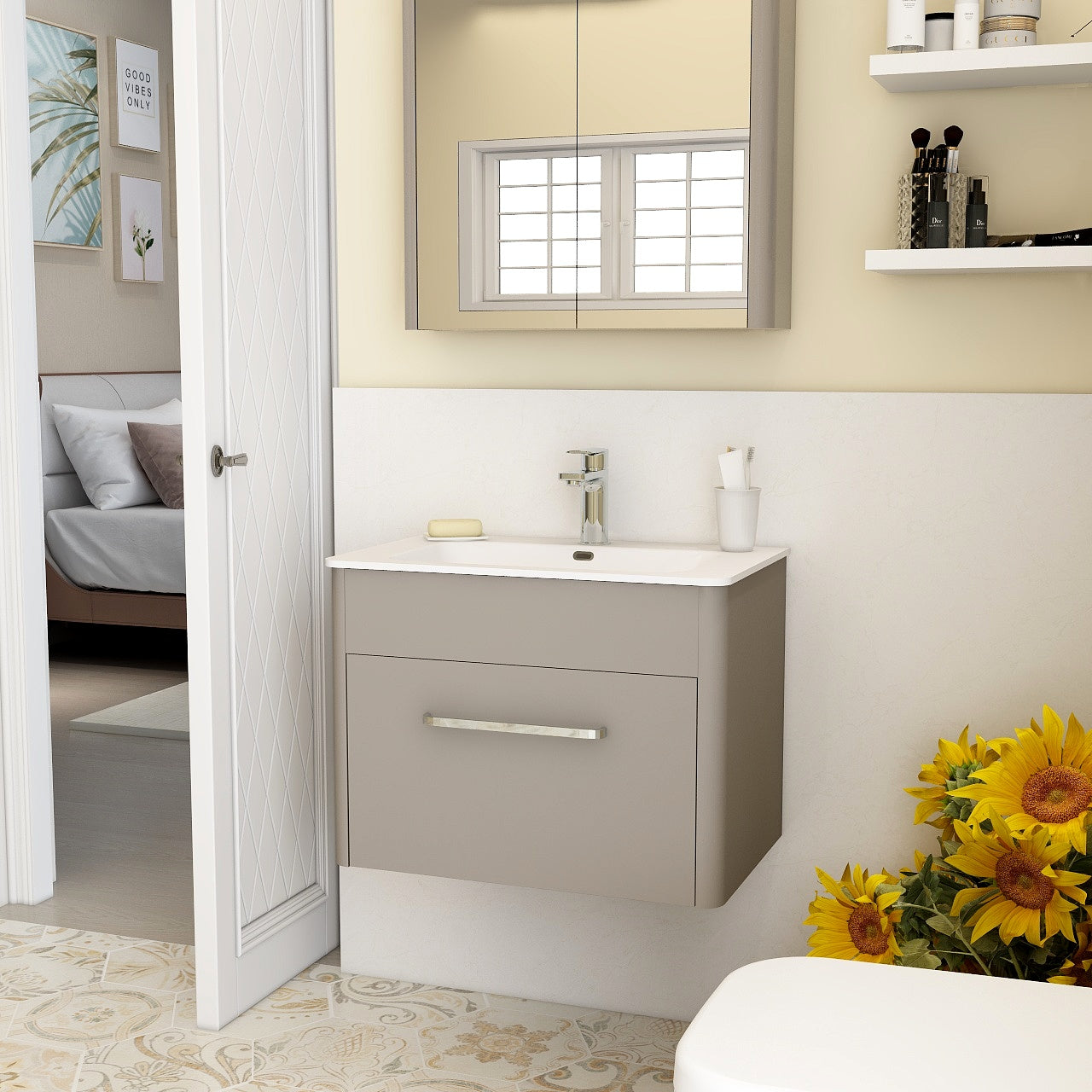 Suburb 600mm x 390mm single drawer wall mounted cabinet matt ash