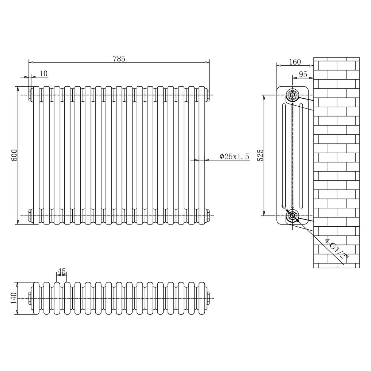 Upton White Quadruple Horizontal Column Radiator 600x785mm