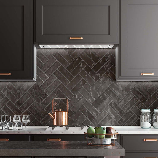 Napoli Negro Gloss Porcelain Brick Tile 200x65mm