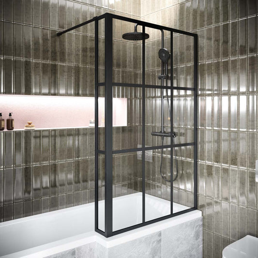 Amien Matt Black Grid Framed L-Shaped Bath Screen