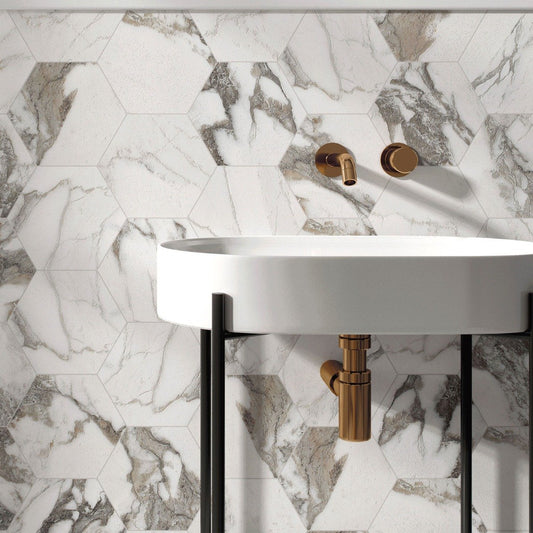 Calcutta Majestic Hexagon Matt Marble Tile 198x228mm