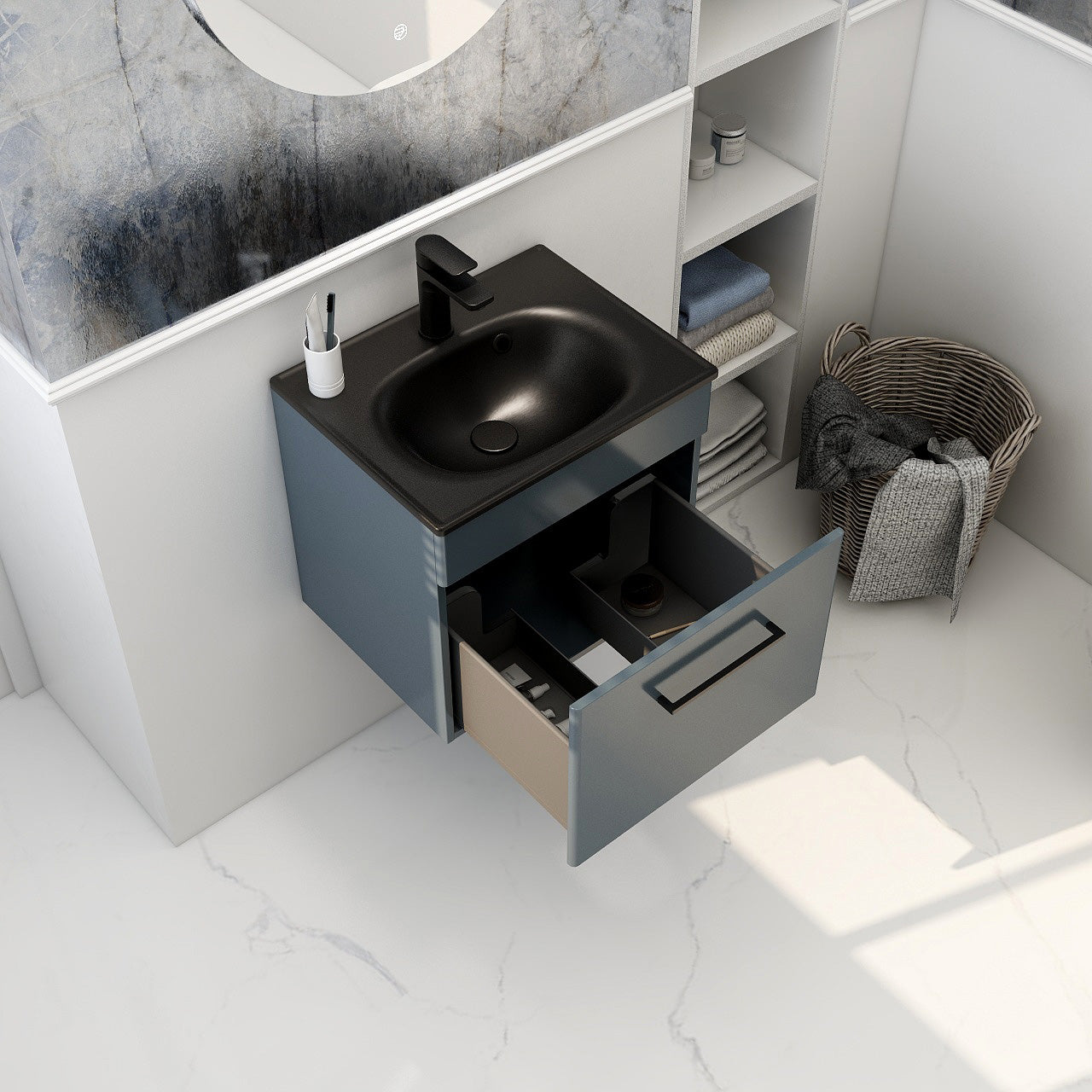 Croma Wall mounted single drawer 500mm cabinet in steel blue