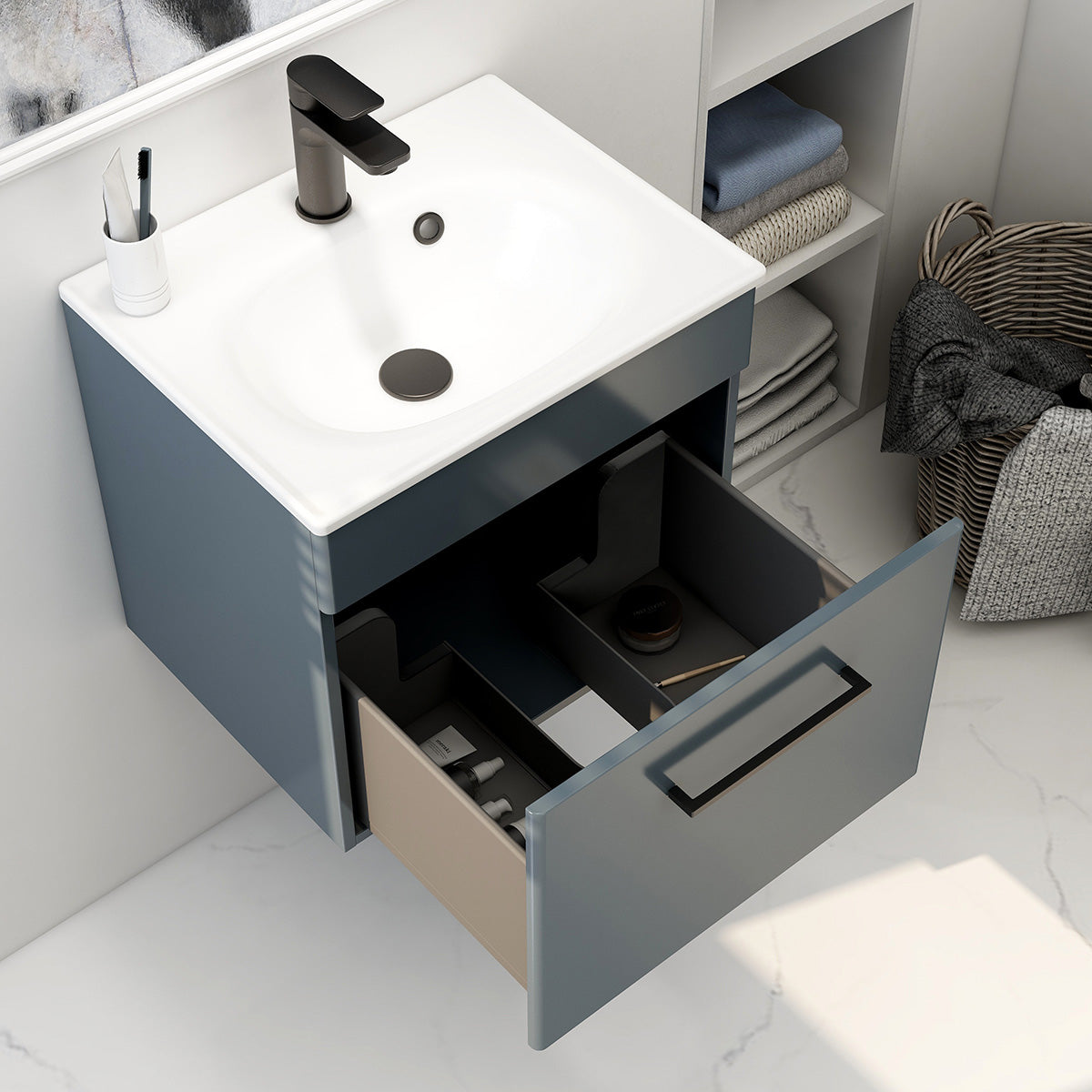 Croma Wall mounted single drawer 500mm cabinet in steel blue