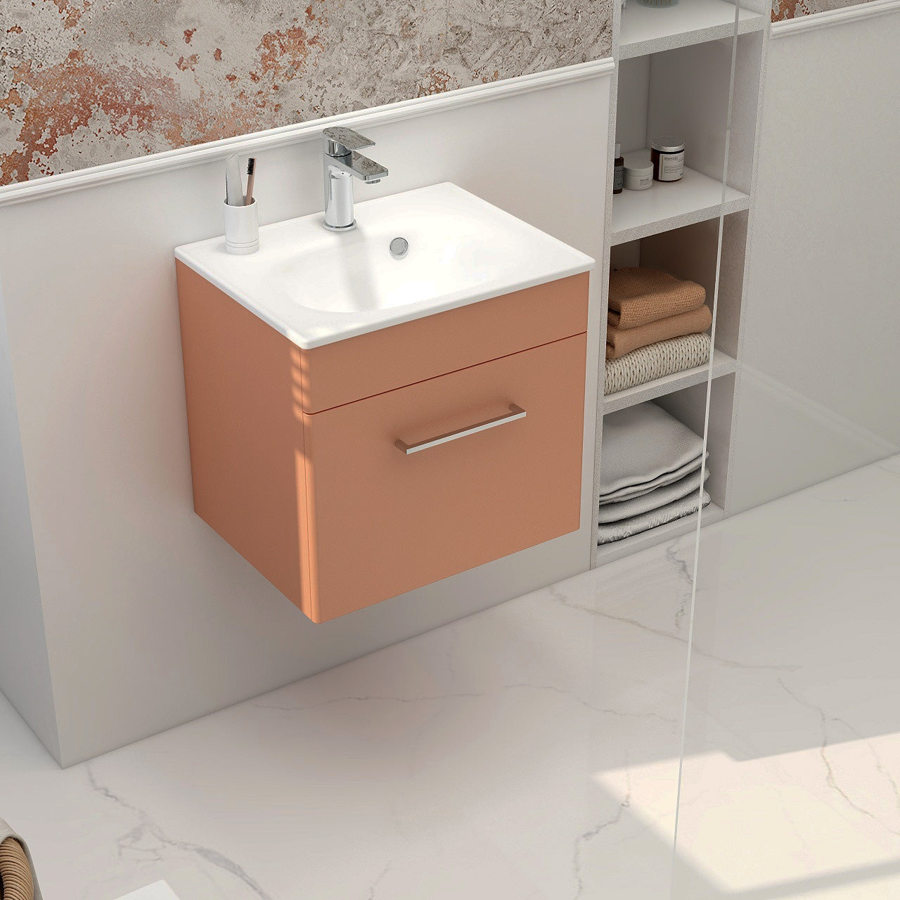 Croma wall mounted single drawer 500mm cabinet in terracotta